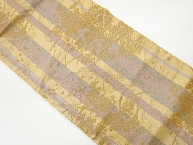 縞に秋草模様織出し名古屋帯